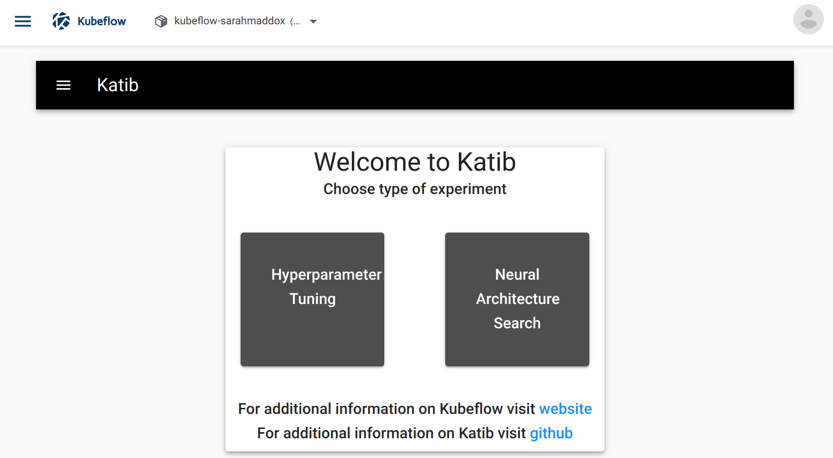 The Katib home page within the Kubeflow UI