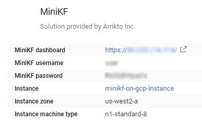 MiniKF dashboard, username, and password