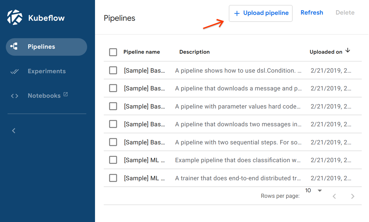 Upload a pipeline via the UI
